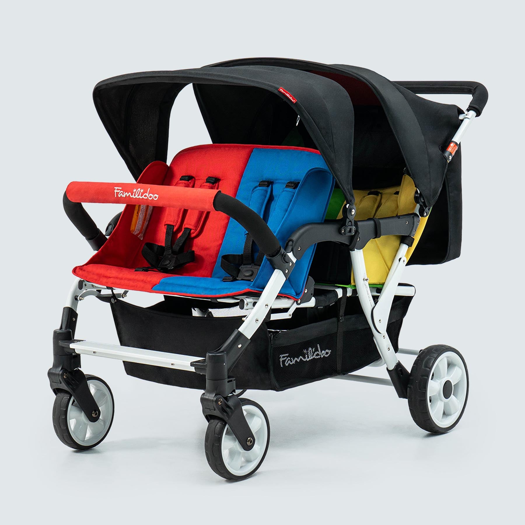 4 baby stroller Familidoo H4E Quad Stroller Wagon for Kids, 4-Seater Daycare Baby Stroller with 5-Point Safety Harness, Lightweight & Foldable with All Reclining