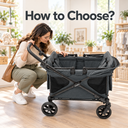 Parent inspecting a Familidoo Q2 charcoal gray stroller wagon beneath the heading How to Choose?