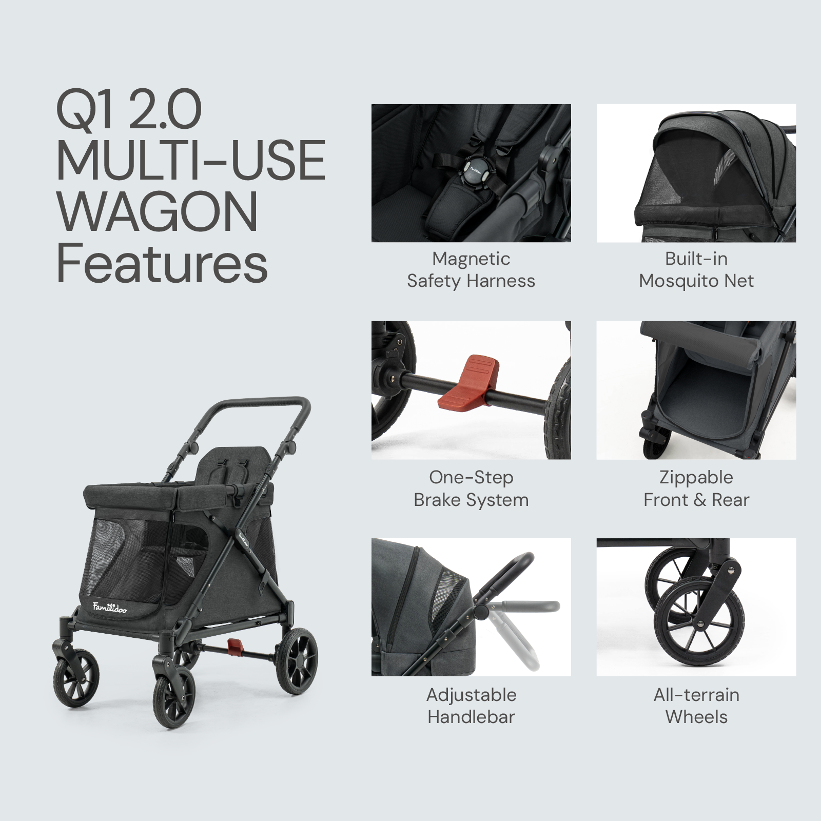 familidoo stroller wagon Familidoo Q1 2.0 Multi-Use Kids Wagon Stroller – Foldable, Lightweight & All-Terrain for Kids & Pets – 5-Point Safety Harness, Rain Cover & Compact