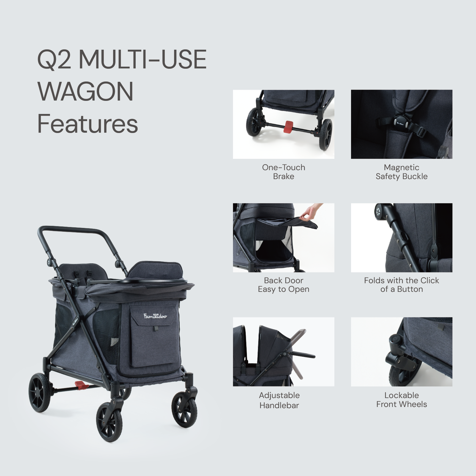 familidoo stroller wagon Familidoo Q2 Multi-Use Kids Wagon Stroller – Foldable, Lightweight & All-Terrain for Kids & Pets – 5-Point Safety Harness, Rain Cover & Compact Travel