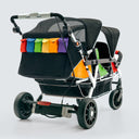 Six seat black e-stroller with multi color seat and drink holders