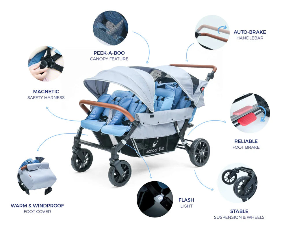 6 Seat Stroller Luxury Blue with Leather Accessories Double Canopy S familidoo