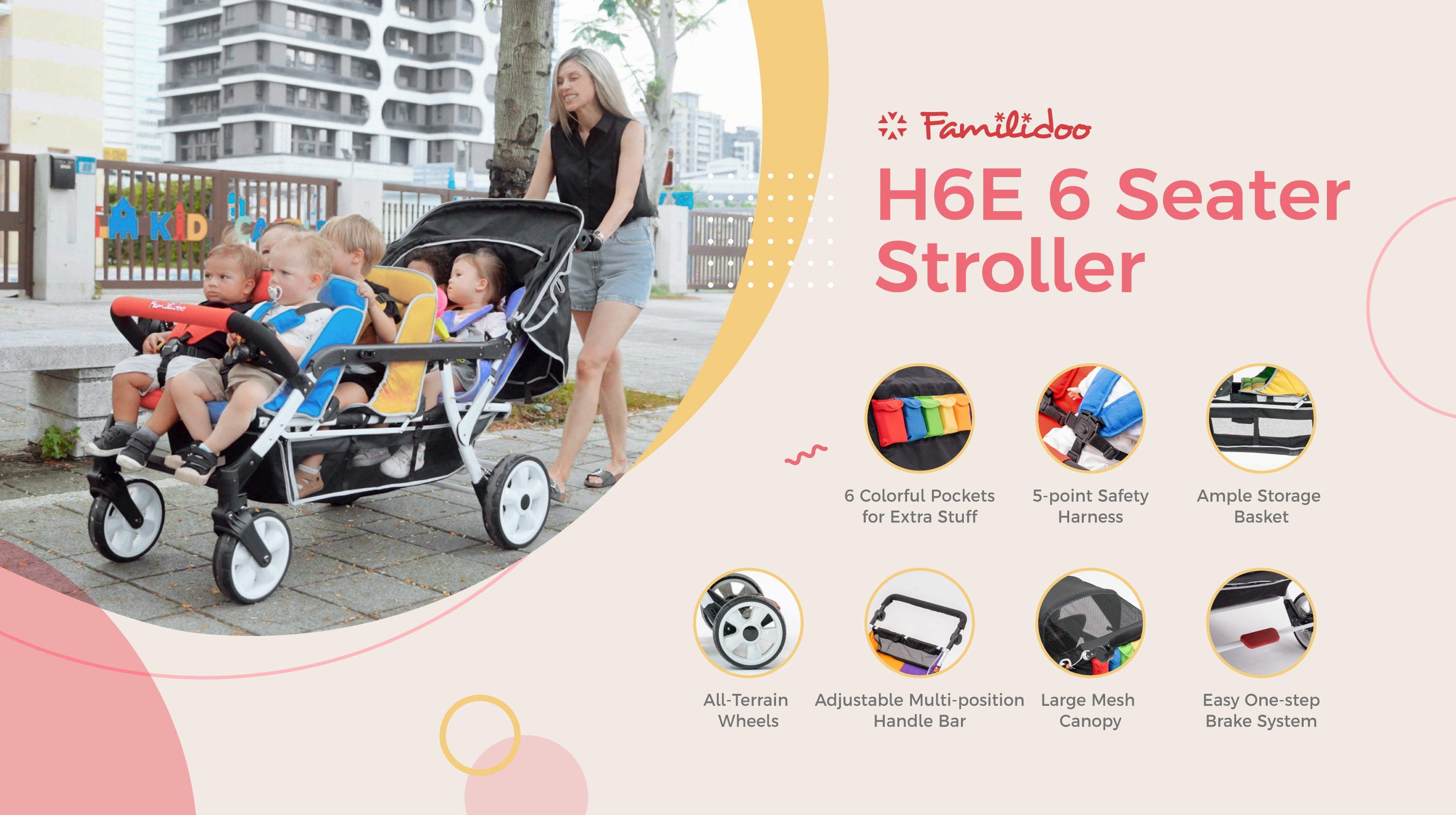 6 Seat Stroller with Infant Seat and Double Canopy H6E Daycare Str familidoo